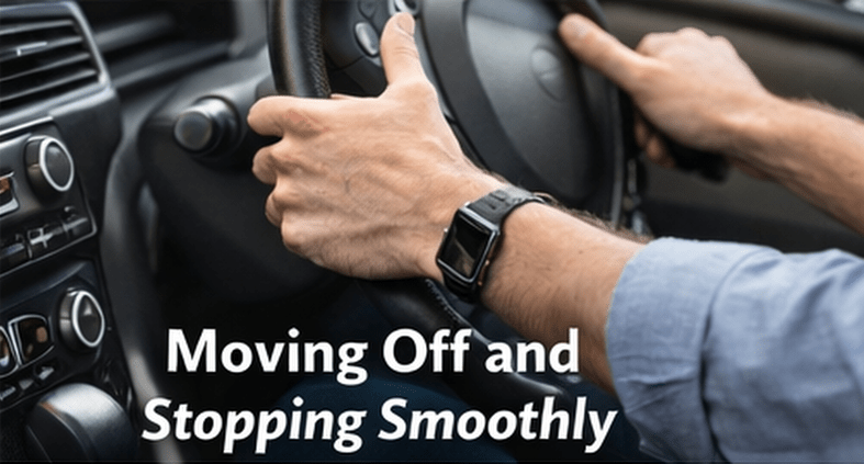 Learner driver practising smooth braking in an automatic car