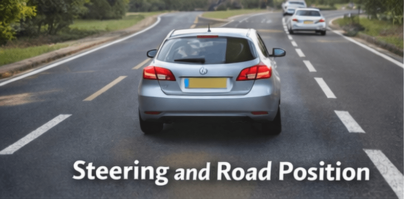 Car centred in lane showing correct road position on UK road