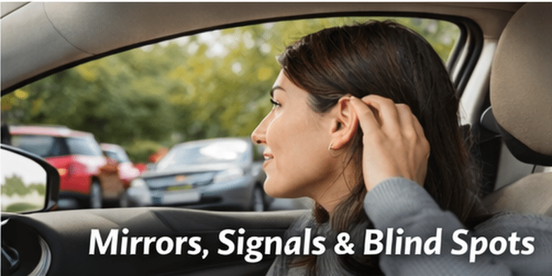 Learner driver doing a blind spot shoulder check before moving off