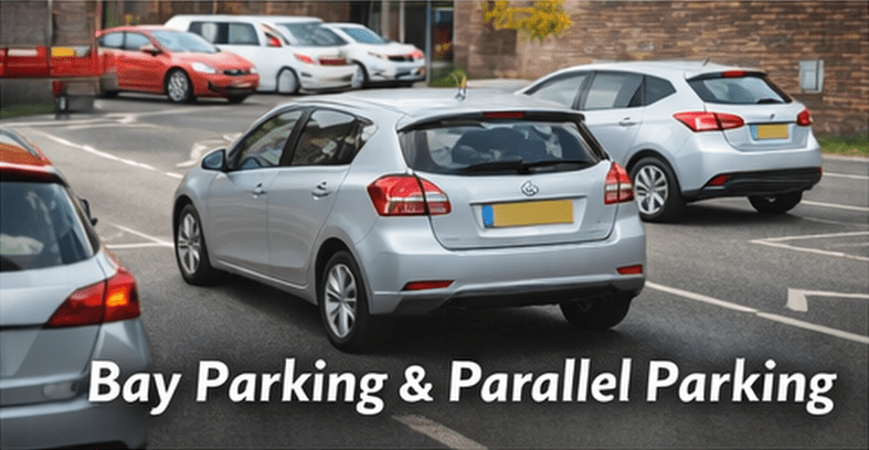 Learner driver practising bay parking in a UK car park