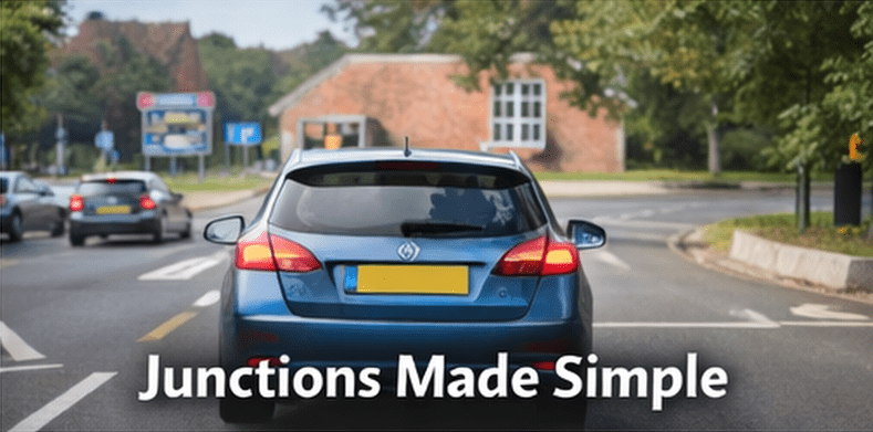 Car approaching a UK junction with clear road markings